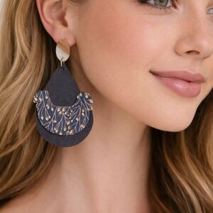 Navy and Cream Earrings. Chickens. Suede and leather. New. Pierced. Handmade